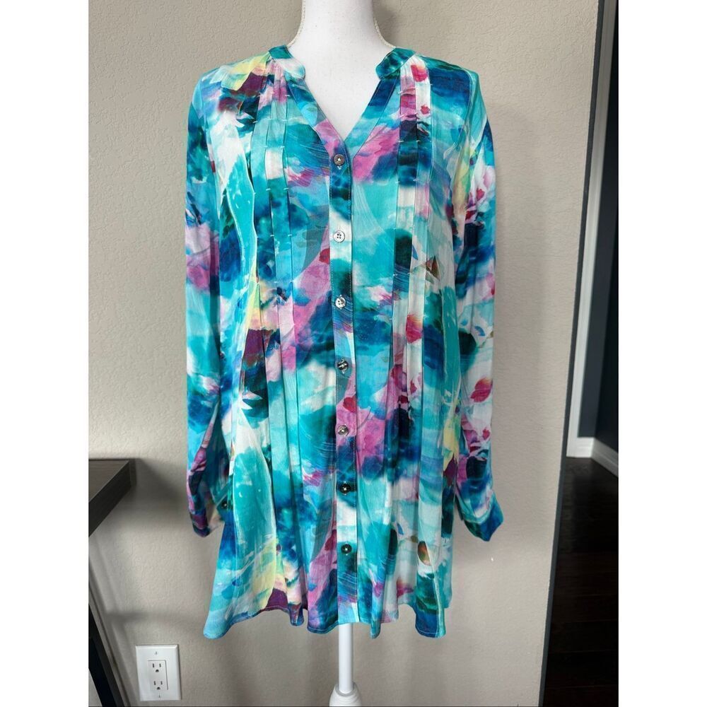 Soft Surroundings Blue Patterned Button Down Blouse Large